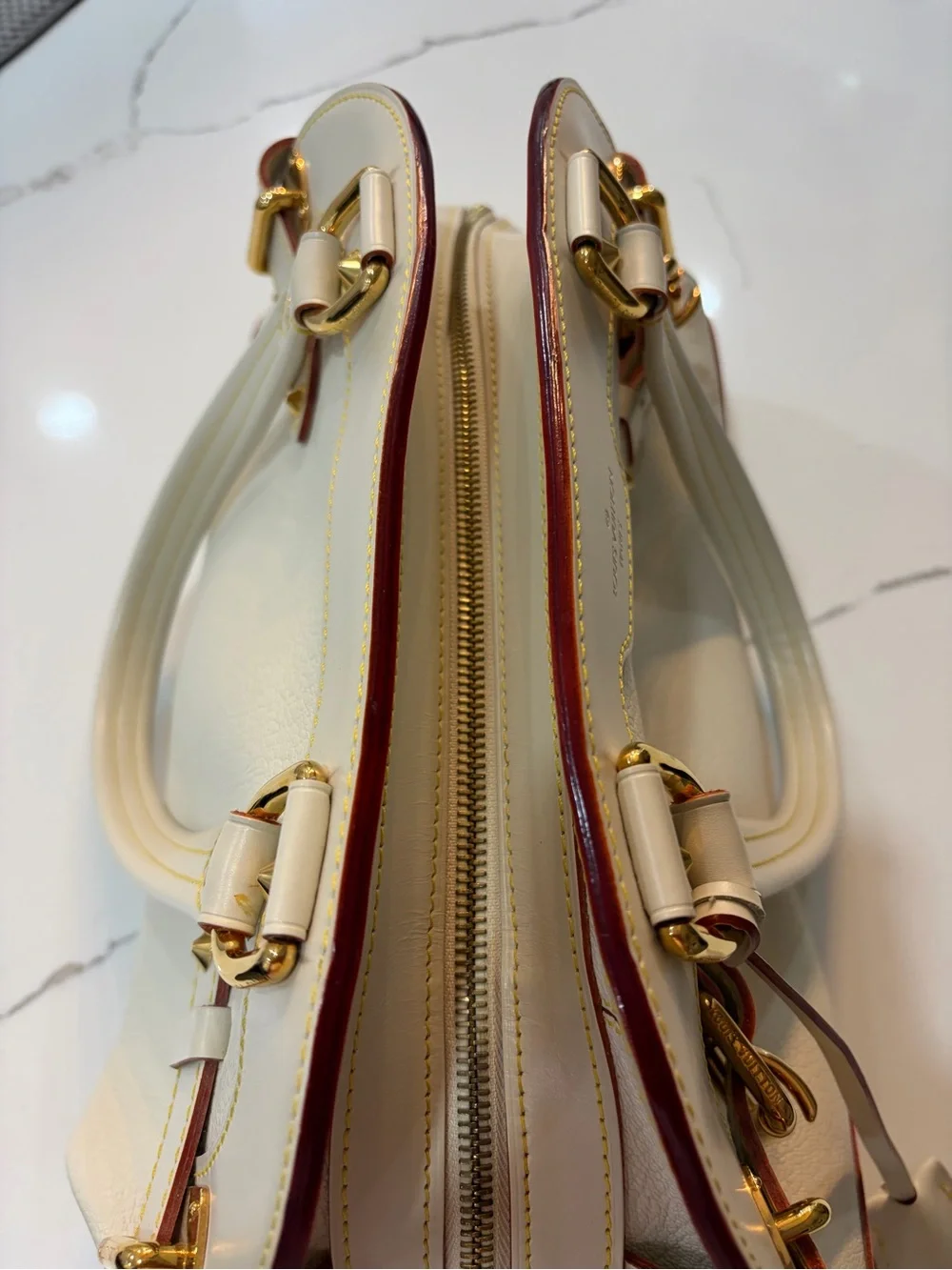 Louis Vuitton White Leather Satchel with Gold Hardware
